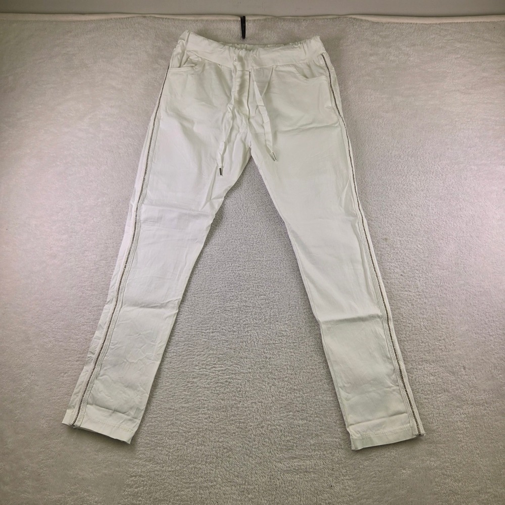 Italy Moda White Linen Blend Side Zipper Jogger Pants Drawstring Waist NEW